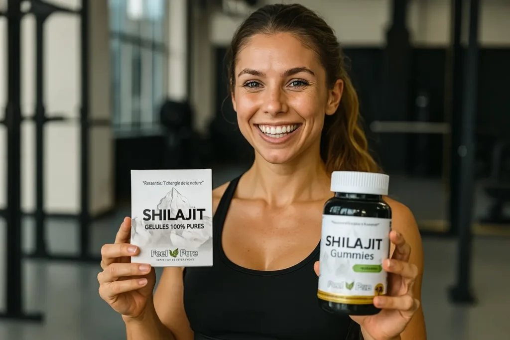 Femme souriante tenant des produits Shilajit.