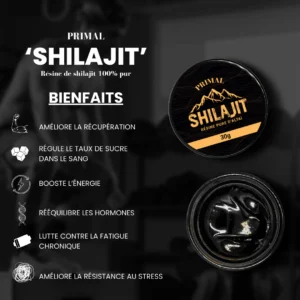 Boîte de Shilajit et liste des bienfaits.