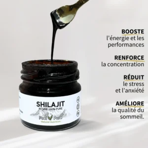 Pot de résine Shilajit avec bienfaits énumérés.