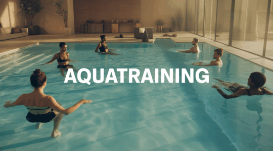 Scène aquatraining dans piscine moderne, silhouettes sportives en mouvement