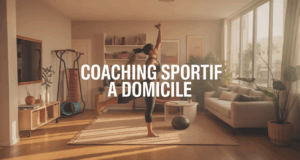 Coaching sportif Homefit à domicile dans un salon lumineux avec accessoires fitness