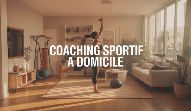 Coaching sportif Homefit à domicile dans un salon lumineux avec accessoires fitness
