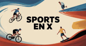 Silhouettes sportifs sports en X, mouvement magazine, fond bleu rouge or