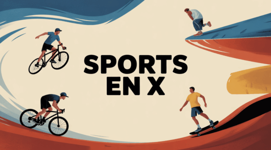 Silhouettes sportifs sports en X, mouvement magazine, fond bleu rouge or