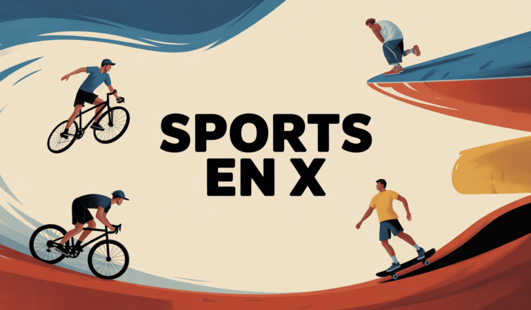 Silhouettes sportifs sports en X, mouvement magazine, fond bleu rouge or