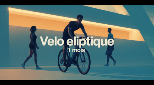 Illustration velo elliptique avant apres 1 mois dans piece moderne, atmosphère dynamique