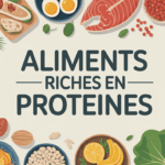 Divers aliments riches en protéines disposés sur une table
