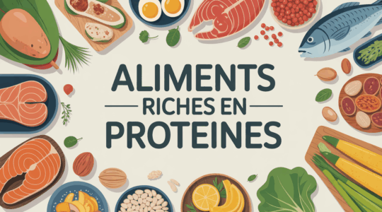 Divers aliments riches en protéines disposés sur une table
