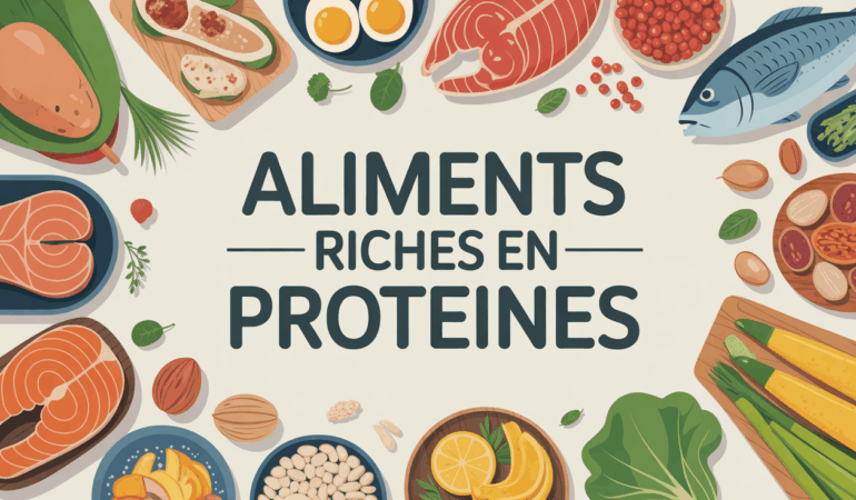 Divers aliments riches en protéines disposés sur une table