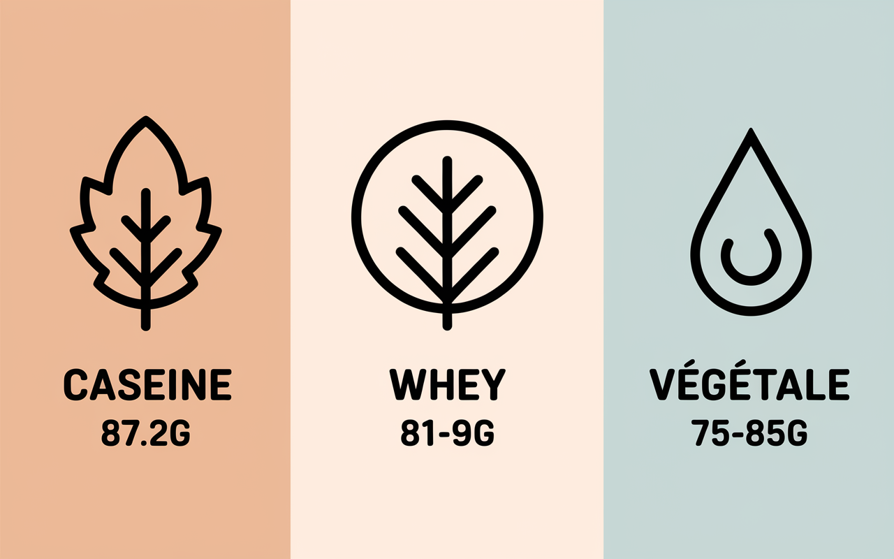 Bocaux protéines en poudre avec chiffres, digestibilité illustrée.