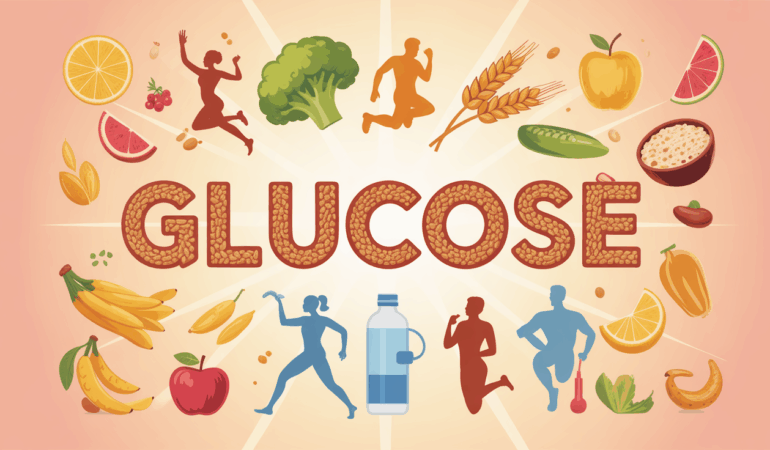 Sportif silhouette aliments naturels autour du mot glucose