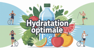 hydratation optimale avec bouteille eau, fruits, légumes, sportifs et seniors