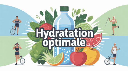 hydratation optimale avec bouteille eau, fruits, légumes, sportifs et seniors