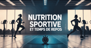 Salle de sport avec haltères, chronomètre, nutrition sportive et temps de repos en lumière