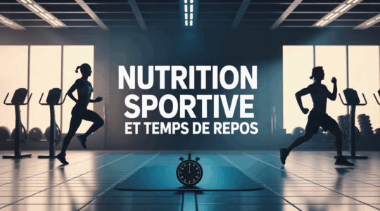 Salle de sport avec haltères, chronomètre, nutrition sportive et temps de repos en lumière