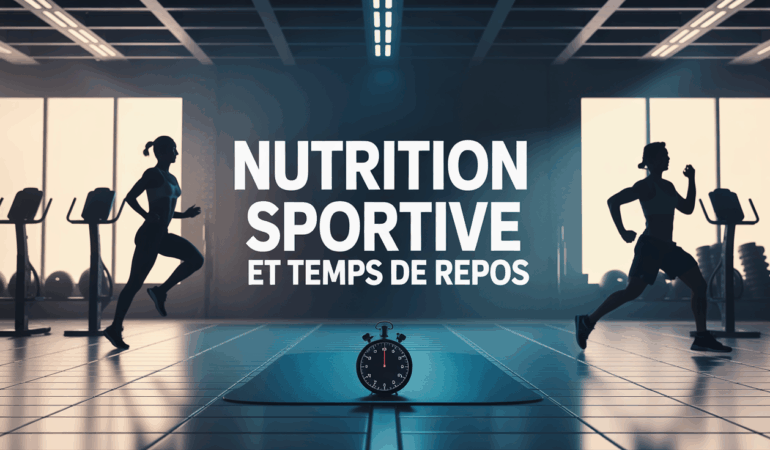 Salle de sport avec haltères, chronomètre, nutrition sportive et temps de repos en lumière