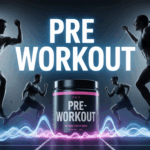 pot pre workout ouvert, silhouettes sport, energie en fond