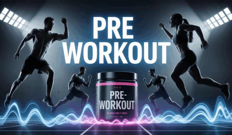 pot pre workout ouvert, silhouettes sport, energie en fond