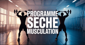 scène musculation salle avec haltères et planning programme sèche