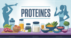 Table moderne avec proteines alimentaires et pots, ambiance sportive dynamique
