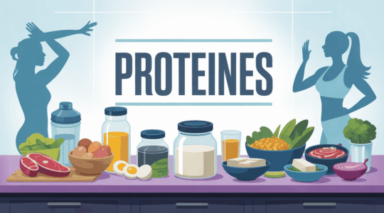 Table moderne avec proteines alimentaires et pots, ambiance sportive dynamique