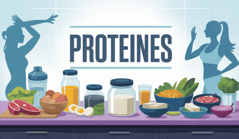 Table moderne avec proteines alimentaires et pots, ambiance sportive dynamique