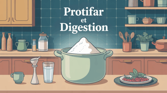 Protifar en poudre au centre d’une cuisine, doseur et verre d’eau à côté, ambiance rassurante.