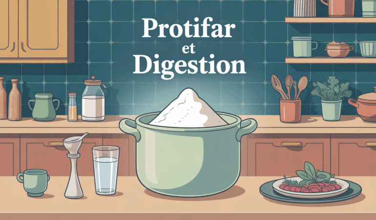 Protifar en poudre au centre d’une cuisine, doseur et verre d’eau à côté, ambiance rassurante.