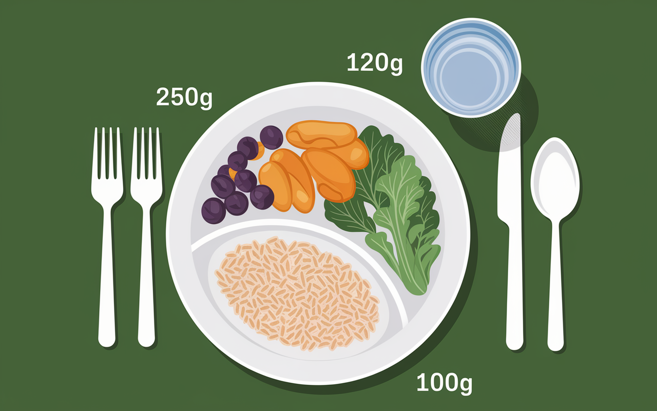 assiette equilibree legumes riz complet poulet soir