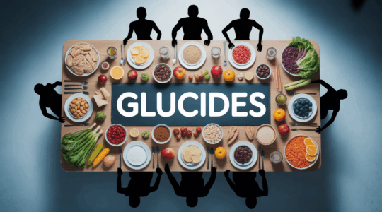 Table avec aliments glucides pains riz fruits legumes secs sportifs