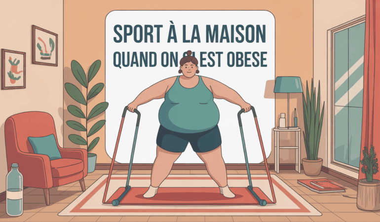 Personne surpoids sport maison tapis chaise bouteille d'eau