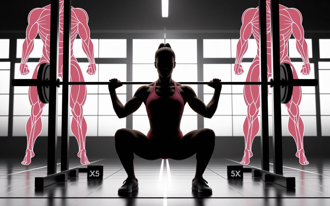 Squat à la barre quadriceps fessiers lombaires 5x5