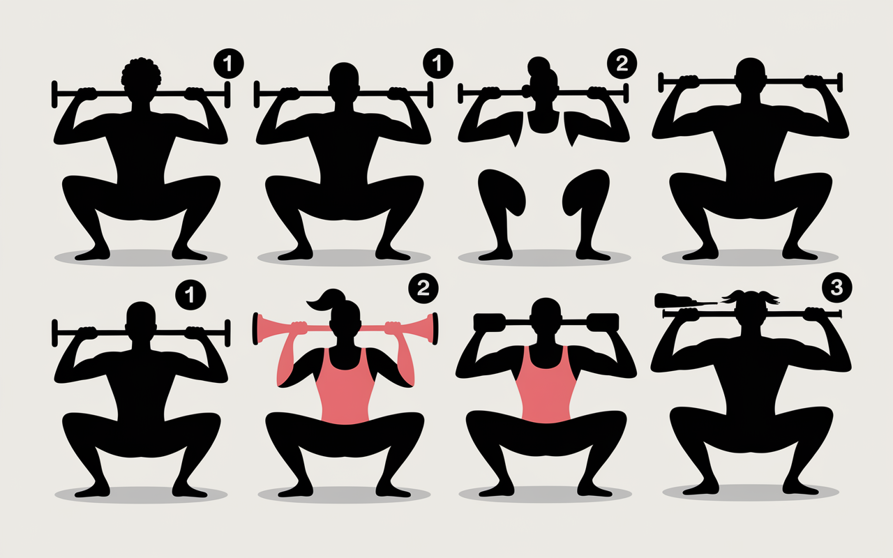 Variantes squat au poids du corps personnages stylises