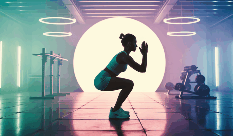 Silhouette squat sur une jambe centre lumineux fitness