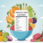 Tableau des calories aliments variés autour d’une coupelle