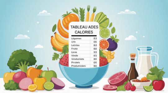 Tableau des calories aliments variés autour d’une coupelle
