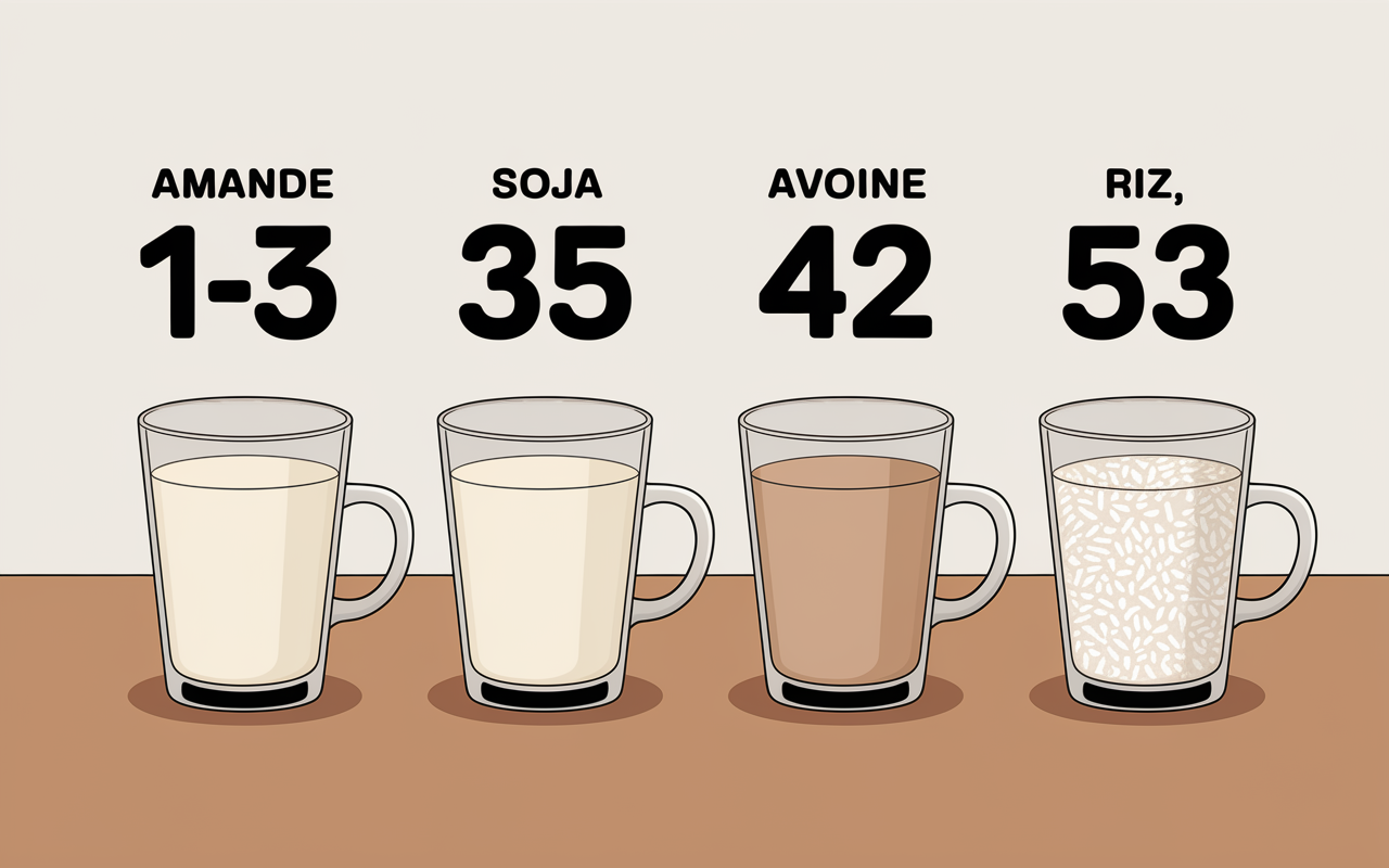 Verres de lait amande soja ecreme avoine riz calories visuel zenithal