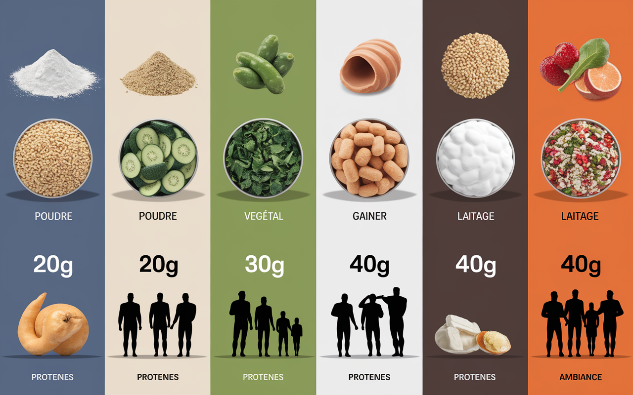 Comparatif types de proteines selon moment et dosage, visuel educatif