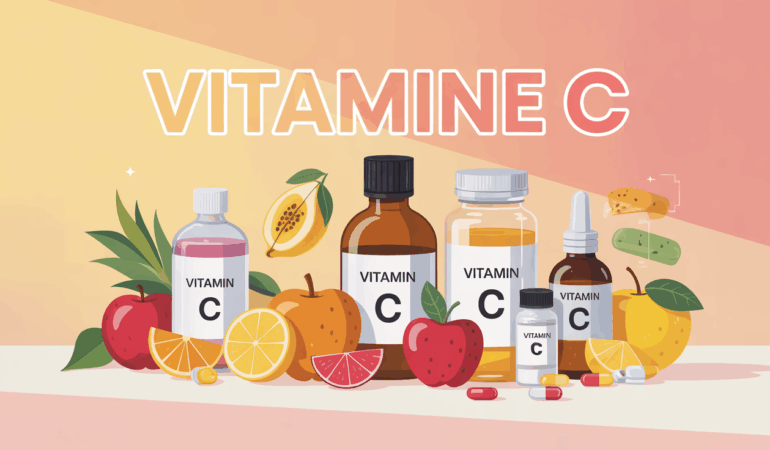 vitamine C assortiment flacons poudre et fruits