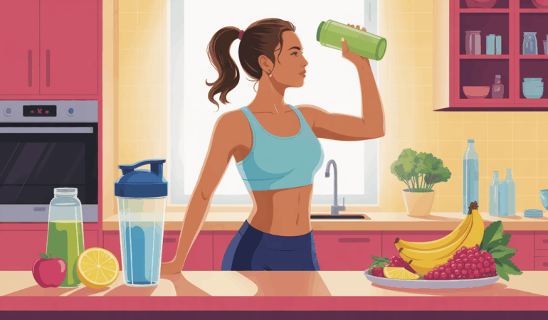 Femme sportive dos cuisine moderne shaker whey protéine perte poids