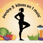 Silhouette sur balance, fruits, legumes, haltères, perdre 5 kilos en 1 mois