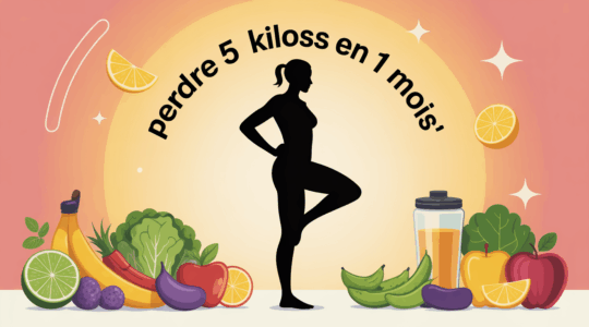 Silhouette sur balance, fruits, legumes, haltères, perdre 5 kilos en 1 mois