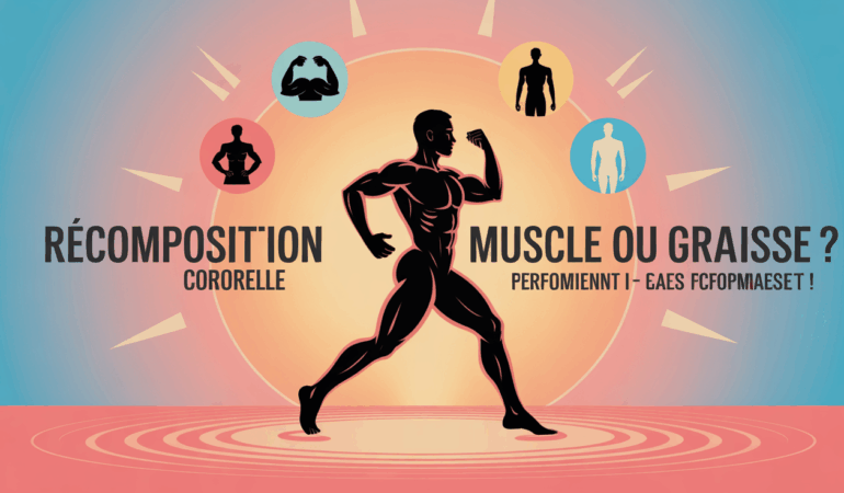 Silhouette humaine entourée d'icones muscle graisse eau et performance