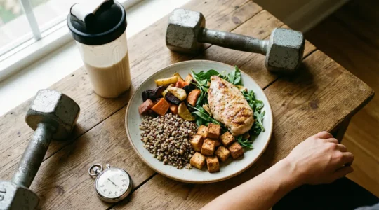 assiette composée poulet tofu quinoa shaker haltères nutrition sportive
