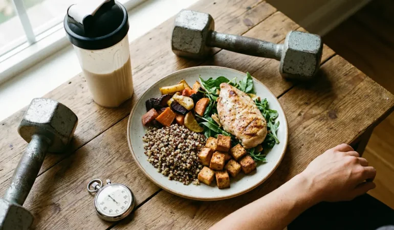 assiette composée poulet tofu quinoa shaker haltères nutrition sportive