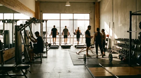 coach sportif encadre séance salle de sport moderne