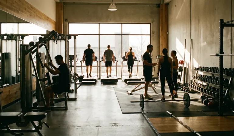 coach sportif encadre séance salle de sport moderne