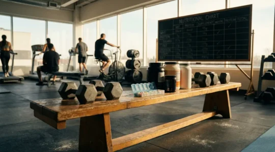 Compléments sportifs en salle, haltères, pilulier, nutrition