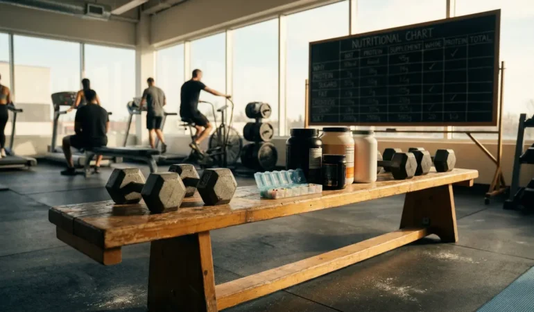 Compléments sportifs en salle, haltères, pilulier, nutrition