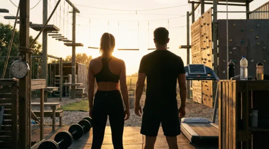 Homme et femme sports devant parcours condition physique